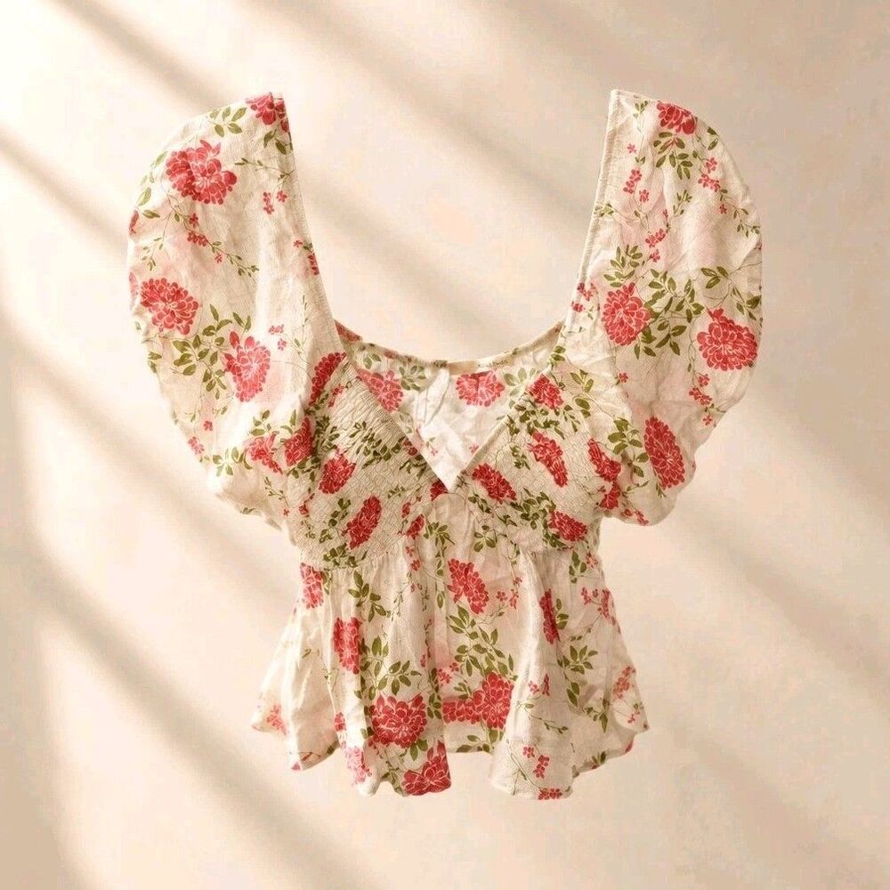 White Floral Square Neck Flutter Sleeve Ruffle Blouse